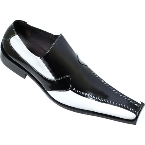 Zota Black/White Unique Design With White Stitching Spigilo Toe Leather Shoes G6006F-P